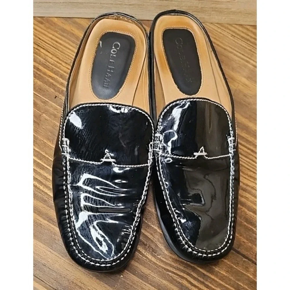 Cole Haan Women Sz 8.5B Patent Leather Black Mule Loafers‎ Career #441